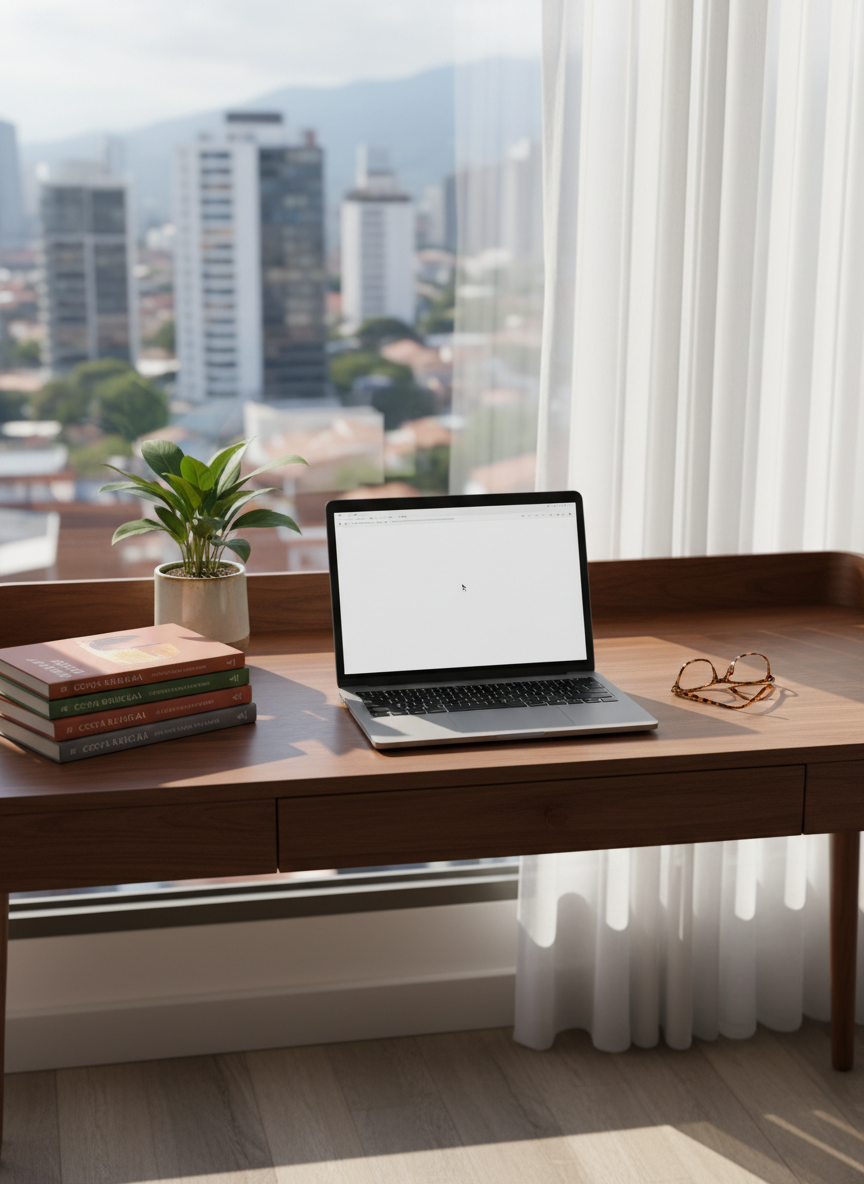 An elegant writing corner in a San José apartment, centered on an open laptop displaying a blank document, beside a stack of neatly arranged novels by Costa Rican authors with varied, text-free covers in earthy tones. The desk is a smooth, dark wood surface, accented by a small tropical plant in a ceramic pot and a pair of tortoiseshell reading glasses. Morning light filters through sheer white curtains, casting soft, diffused highlights and long, calm shadows. The atmosphere is contemplative and sophisticated, evoking the discipline of a professional writer. Captured from a slightly elevated angle with balanced composition and photographic realism, the background softly fades into an out-of-focus cityscape through the window, suggesting contemporary Costa Rican urban life without distracting from the workspace.
