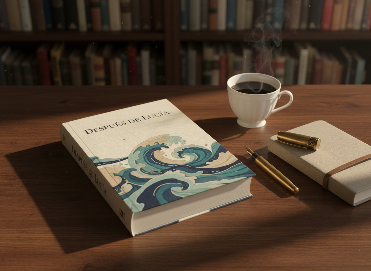 A hardcover literary novel titled “Después de Lucía” resting on a dark wooden desk, its minimalist cream-colored cover featuring an abstract, ocean-inspired illustration in muted teal and deep blue, hinting at Costa Rican coastal landscapes without using text. Around the book lie a vintage brass fountain pen, a closed linen notebook, and a delicate porcelain cup of black coffee. Soft late-afternoon window light spills across the scene from the left, creating gentle shadows and a warm, introspective glow. Shot at eye level with a shallow depth of field that blurs a background of filled bookshelves, the composition feels sophisticated and intimate, emphasizing the novel as the central focus in a clean, photographic realism style suitable for an author’s homepage hero image.