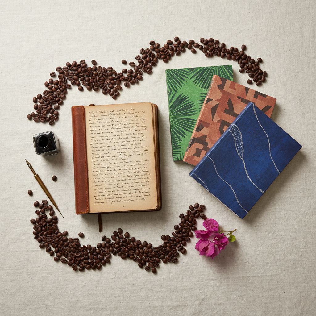 A carefully arranged flat lay of objects symbolizing Costa Rican literature: a well-worn leather-bound journal partially open to handwritten pages, an ink bottle with a slender brass nib resting beside it, and three modern novels with abstract, text-free covers in tropical greens, terracotta, and deep indigo. Scattered coffee beans frame the scene, alongside a delicate pressed bougainvillea flower. The setup rests on a linen-textured neutral fabric that adds subtle texture. Overhead soft studio lighting creates gentle shadows and highlights the richness of the materials without harsh contrasts. Shot from a true top-down perspective with precise, minimalist composition and shallow depth of field at the edges, the image feels refined, intellectual, and distinctly Latin American, ideal for illustrating an essay or section on contemporary Costa Rican narrative.